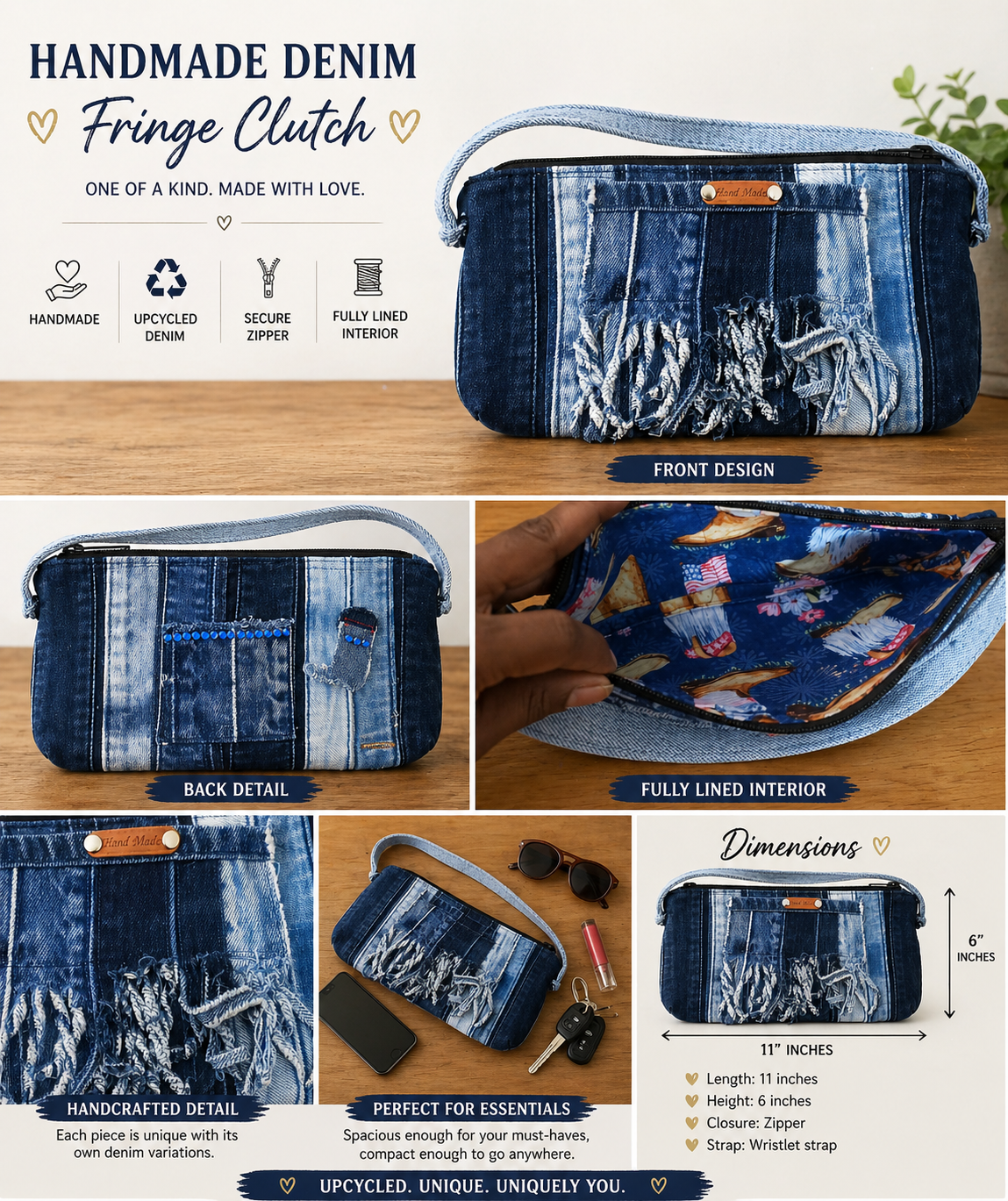 Handmade Denim Fringe Clutch – Upcycled Jean Wristlet (One of a Kind)