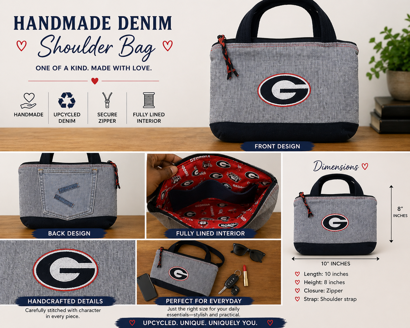 Handmade Georgia “G” Denim Tote – Upcycled Jean Game Day Bag (One of a Kind)