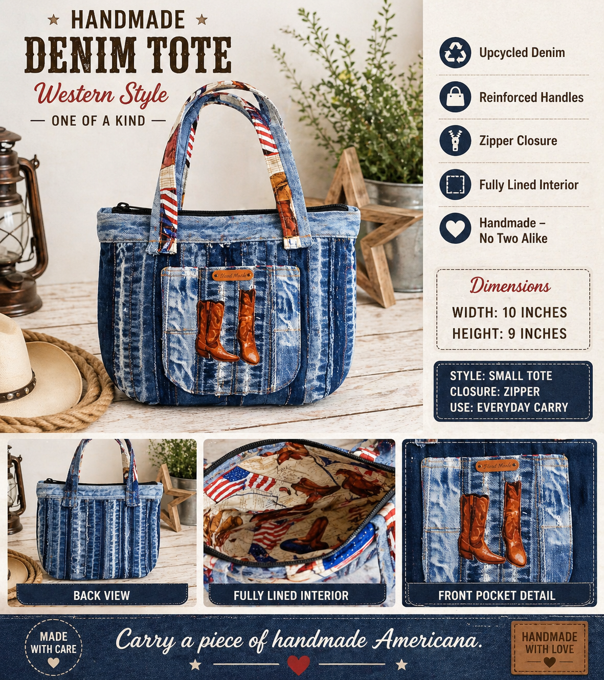 Handmade Denim Western Tote – Upcycled Jean Bag with Americana Lining (One of a Kind)