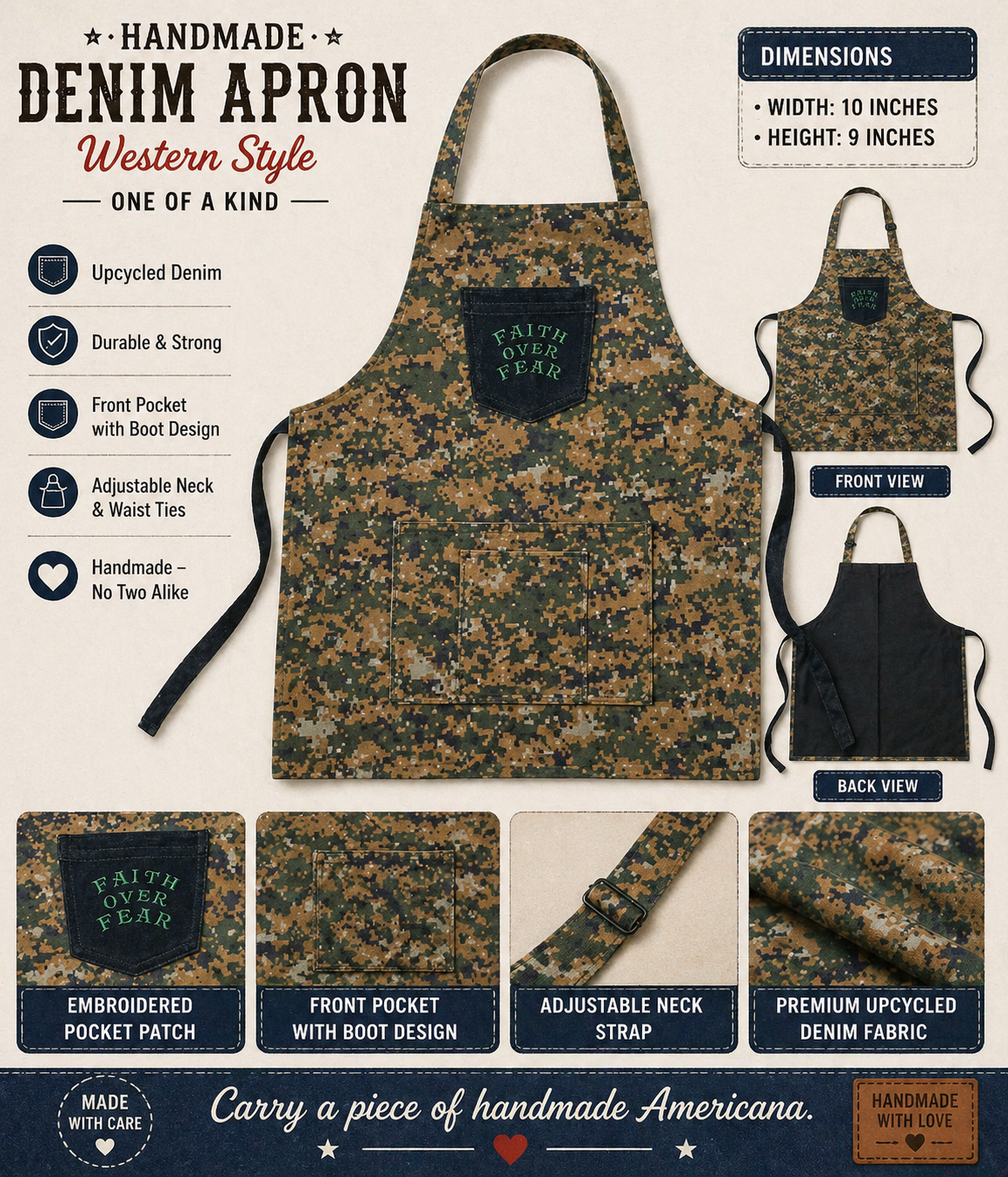 Handmade Denim Apron – “Faith Over Fear” Western Style Utility Apron (One of a Kind)