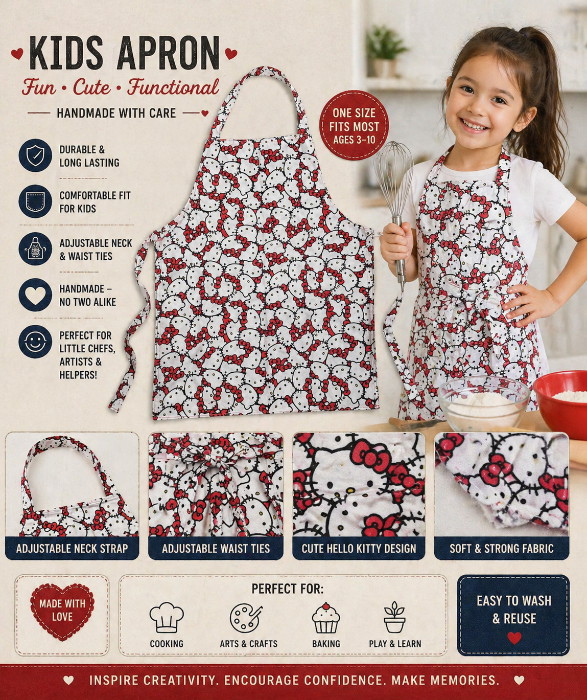 Handmade Kids Apron – Cute Character Print Adjustable Apron (Ages 3–10, One of a Kind)
