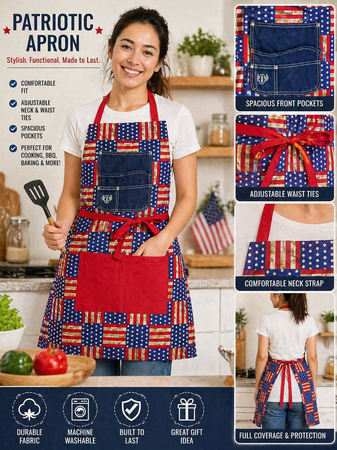 Handmade Patriotic Apron – American Flag Patchwork Kitchen Apron (One of a Kind)