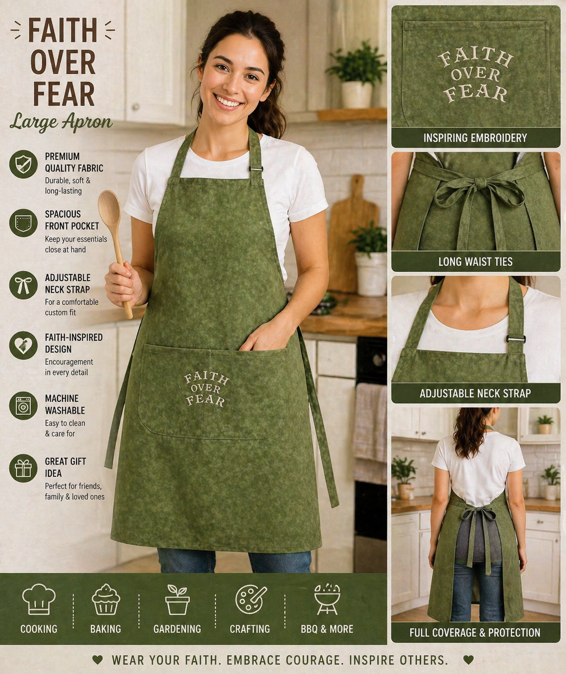 Handmade “Faith Over Fear” Large Apron – Full Coverage Inspirational Kitchen Apron (One of a Kind)