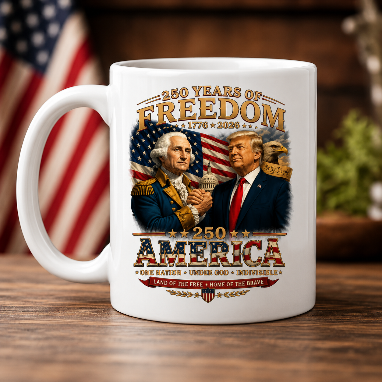 250 Years of Freedom America Mug | George Washington & President Trump Commemorative Coffee Cup | Patriotic 250th Anniversary Gift